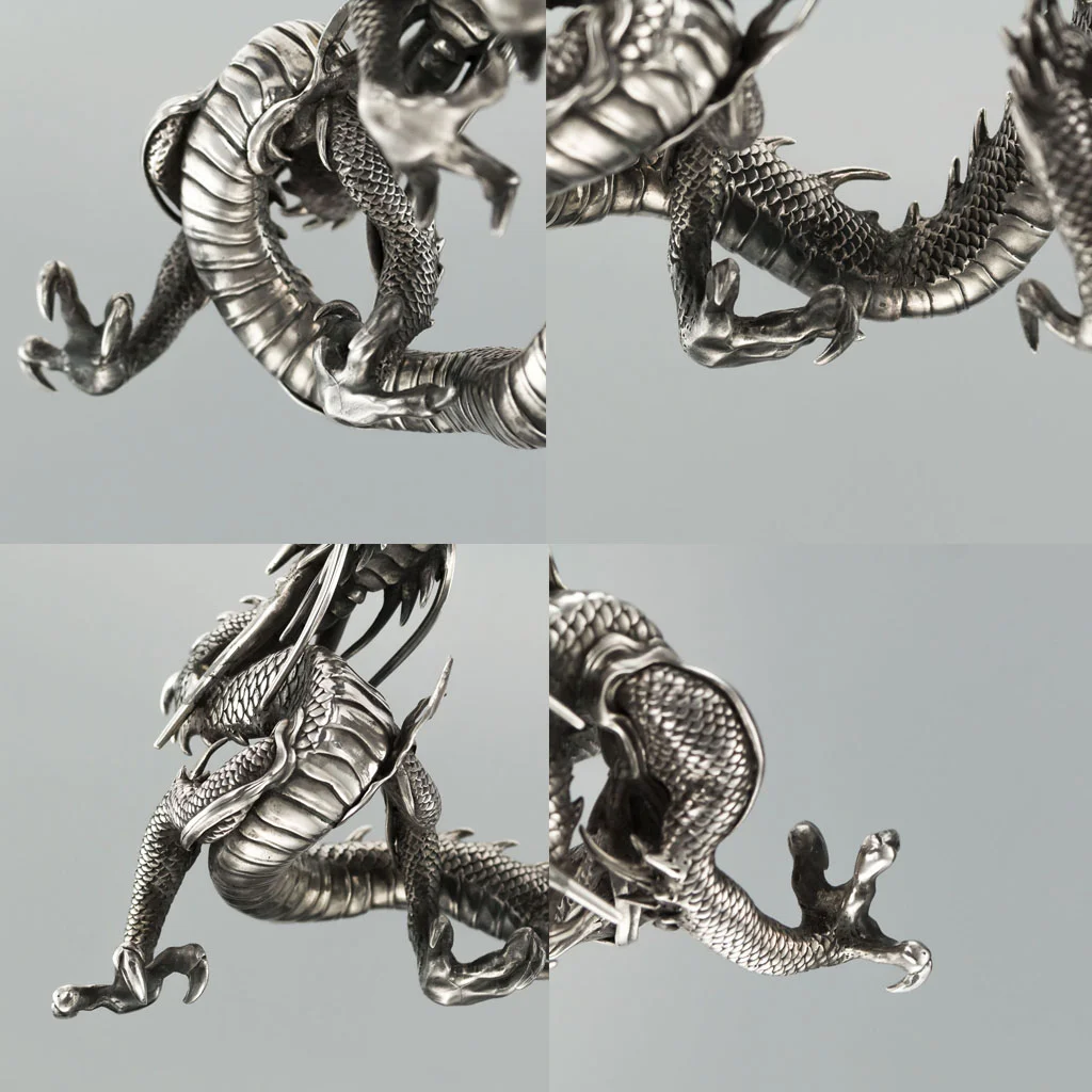 ANTIQUE 19thC JAPANESE SOLID SILVER, ENAMEL & SHIBAYAMA DRAGON c